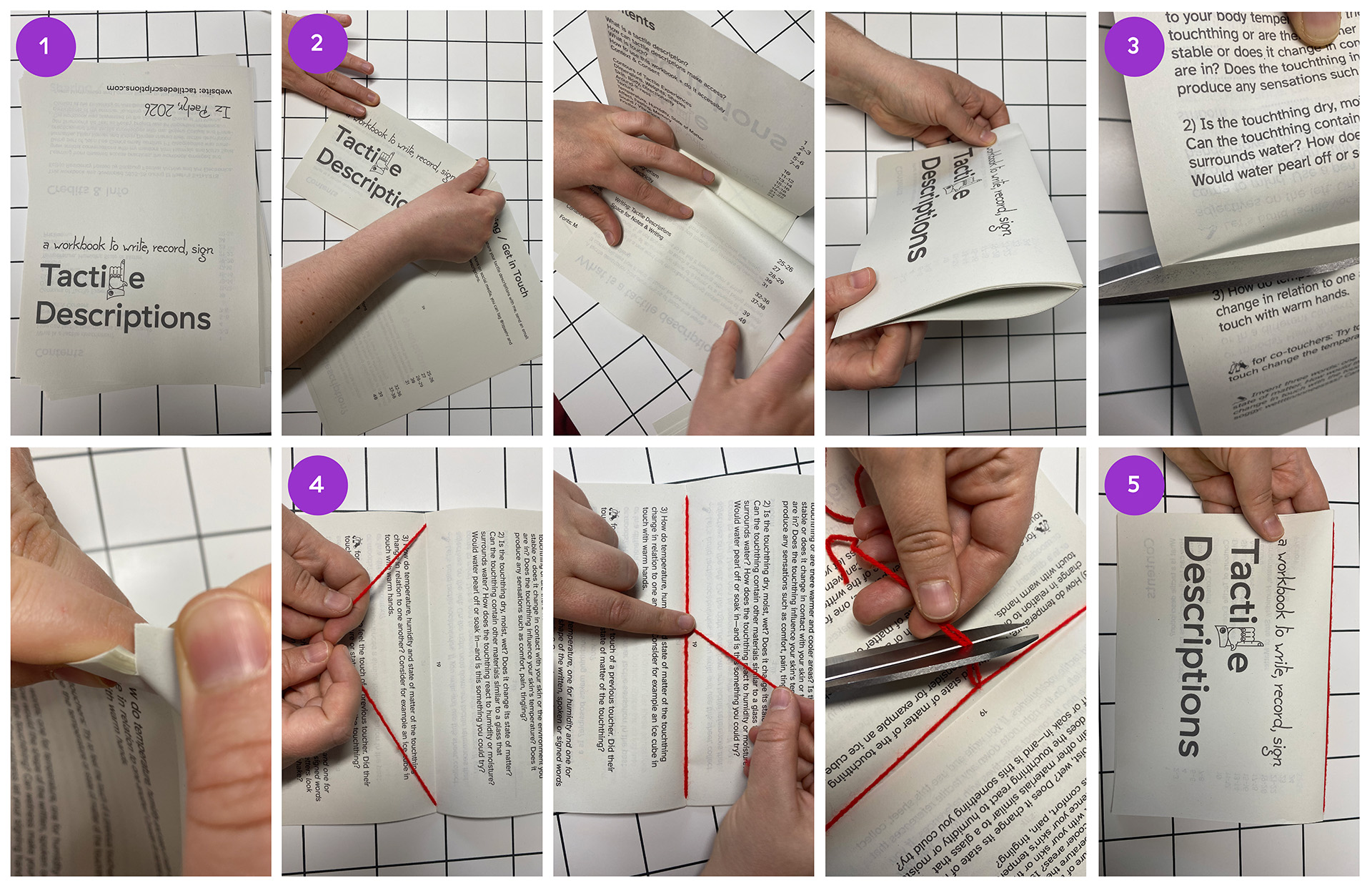 This collage show how to print, fold and bind the workbook.